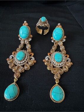 Turquoise Statement Earrings and Ring Set - Gold-Tone Women's Jewelry